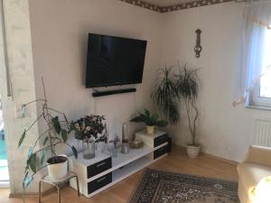 ein Wohnzimmer mit einem Flachbild-TV an der Wand in der Unterkunft Ferienwohnung Steffi Lauschke in Gerstenberg