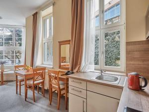 a kitchen with a sink and a table and two windows at Akropolis Apart Hotel in Karlovy Vary