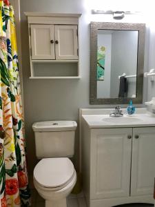 a bathroom with a toilet and a sink and a mirror at Beautiful Ocean view Townhouse in Cocoa Beach