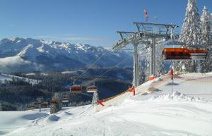 une remontée mécanique au sommet d'une montagne enneigée dans l'établissement Dachstein view ski apartment, à Gosau