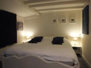 een slaapkamer met een groot wit bed met 2 kussens bij Gastenverblijf 't Nagtegaeltje in Sint-Oedenrode