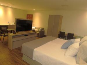 um quarto de hotel com uma cama e uma televisão de ecrã plano em Pousada Contos de Minas em Mariana