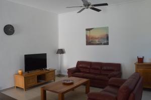 a living room with a couch and a flat screen tv at Sun Villa in Pereybere