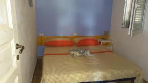 Casa Vacanze Abbazia في غالاتوني: غرفة نوم صغيرة مع سرير مع وسائد برتقالية وجدران زرقاء