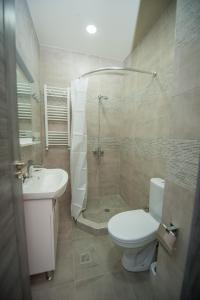 a bathroom with a toilet and a shower and a sink at Easy Hotel T'bilisi in Tbilisi City