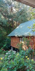 uma cabana de madeira com um telhado de metal num jardim em Moon Plains Forest Log em Nuwara Eliya