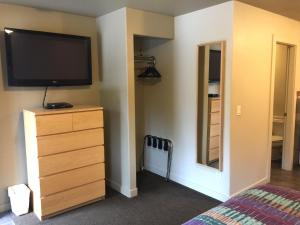 a hotel room with a television and a bed at The Hitching Post Motel in Pemberton