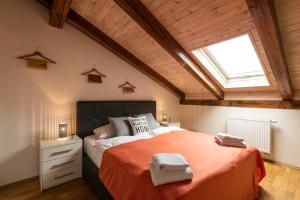 a bedroom with a large bed with a skylight at Hybernska Apartments in Prague