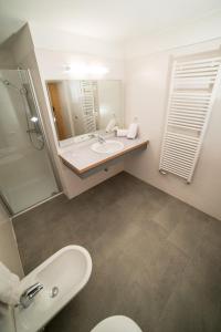 een badkamer met een wastafel, een toilet en een spiegel bij Ansitz Bergrichter in Cadipietra