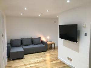 ein Wohnzimmer mit einem Sofa und einem Flachbild-TV in der Unterkunft Perfect Modern Base Near All Attractions in London