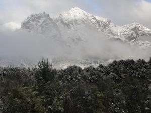 a snow covered mountain with trees in the foreground at Ailín Maiá Apartamentos Casa de Montaña in San Carlos de Bariloche