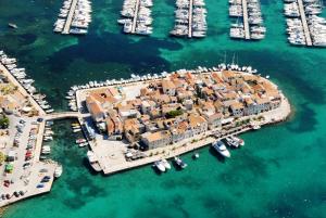 an aerial view of a harbor with boats at Villa Diana in Tribunj