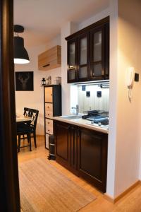 een keuken met een wastafel en een tafel in een kamer bij Višnja apartment in Kopaonik