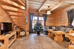 a living room with a couch and a christmas tree at Przytulny Domek I in Zakopane