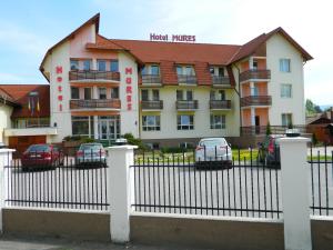 a hotel with cars parked in front of it at Hotel Mures in Topliţa