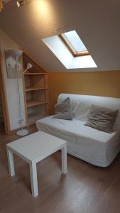 ル・ブール・ドアザンにあるStudio La Muzelle Bourg d'Oisansのソファ、テーブル、天窓が備わる客室です。