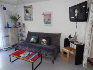 a living room with a couch and a tv at Le Perret in Le Havre