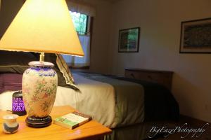 um candeeiro sentado numa mesa ao lado de uma cama em The Meadow Cabin em Folsom