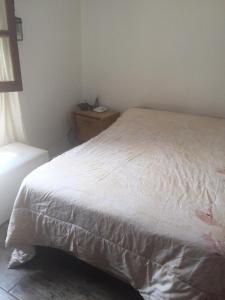 1 dormitorio con cama blanca y mesa de madera en Benito Soria 137 en Santa Rosa de Calamuchita