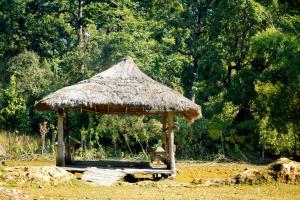 a hut with a grass roof on a field at Nature Safari Resort in Bhurkīā