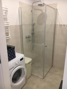 W łazience znajduje się kabina prysznicowa i pralka. w obiekcie Apartamenty Baltyk w Karwii