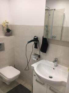 łazienka z umywalką, toaletą i lustrem w obiekcie Apartamenty Baltyk w Karwii +8 zdjęć