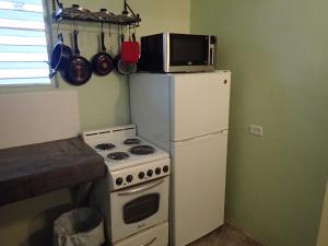 a kitchen with a stove and a microwave on top of a refrigerator at The Vieques Guesthouse in Vieques