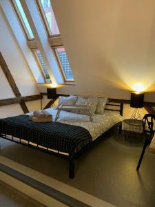 1 dormitorio con 1 cama en un ático con tragaluces en LivingRoom 4A self Check-in 24h, en Katowice