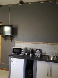 eine Küche mit einer Theke mit einer Mikrowelle und einer Spüle in der Unterkunft Elim Guesthouse in Keimoes