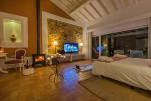 um quarto com uma cama, uma lareira e uma televisão em Herdade do Amarelo Nature & Spa em Vila Nova de Milfontes