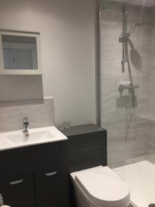 uma casa de banho com um chuveiro, um WC e um lavatório. em Linden Tree Holiday Apartments em Thirsk