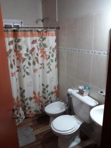 a bathroom with a toilet and a sink and a shower curtain at Departamento Teodelina in Quehué