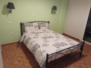 a bed with a black and white comforter in a room at MyHome! Modern, huge, central, quiet, clean in Athens