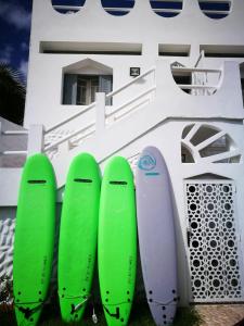 4 tavole da surf sono allineate di fronte a un edificio di Surf And Soul Morocco a Oualidia