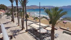 a view of a beach with palm trees and the ocean at BAHIA MAZARRON apartamento en primera linea playa in Puerto de Mazarrón