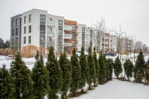 a row of christmas trees in front of a building at Apartament DeLux Marina in Kąty Rybackie