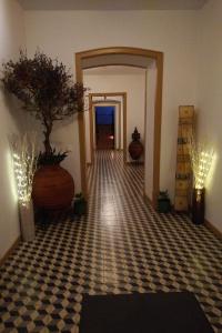 an empty hallway with aoyer with a plant at Abetarda CC in São Marcos da Ataboeira