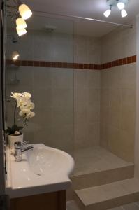 a bathroom with a sink and a shower at A Bay's Eye View in Paihia