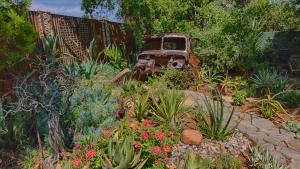 an old truck sitting in a garden with plants at Rustic Forest Guest House in Cerillio