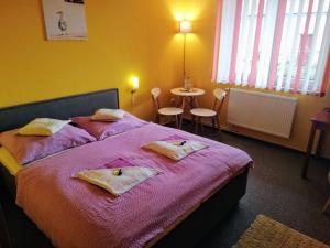um quarto com uma cama e uma mesa com cadeiras em Pension Three em Františkovy Lázně