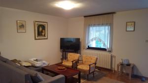 ein Wohnzimmer mit einem Sofa und einem TV in der Unterkunft Kuća za odmor Požeg in Stubicke Toplice