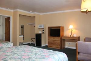 um quarto de hotel com uma cama, uma secretária e uma televisão em Villa Inn em San Rafael