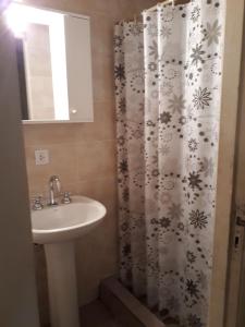 Un baño con lavabo y cortina de ducha. en Hotel Avellino, en Mar del Plata