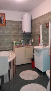 a bathroom with a sink and a toilet and a mirror at Hunor-Magor Vendégház in Izvoare +42 photos
