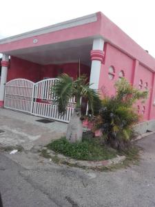 a pink building with a palm tree in front of it at Homestay Temerloh Jaya in Temerloh