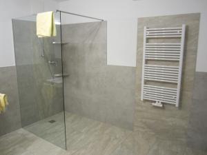 ヴァークラインにあるAppartementhaus Gretzelのバスルーム(ガラスドア付きのシャワー付)
