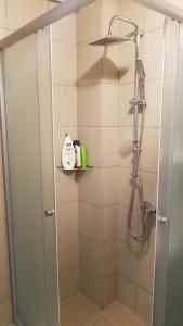 a shower with a glass door in a bathroom at Veki's house in Skopje