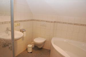 a bathroom with a toilet and a sink and a tub at Ferienhaus Becker in Schönau