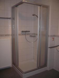 a shower with a glass door in a bathroom at Ferienhaus Becker in Schönau