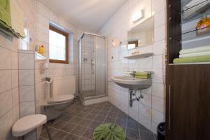 łazienka z toaletą, umywalką i prysznicem w obiekcie Appartements Schneezauber w mieście Lermoos
